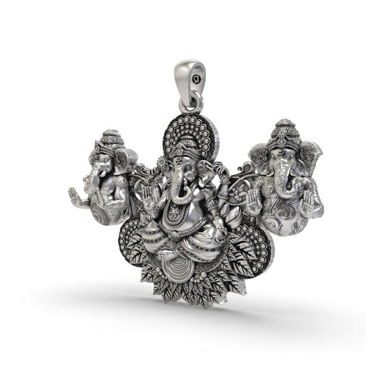 925 Silver Triple Ganesha Pendant – Three Lord Ganesh Design