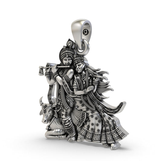925 Silver Radha Krishna with Cow Pendant – Handmade Hindu Devotional Jewelry | Symbol of Divine Love & Devotion