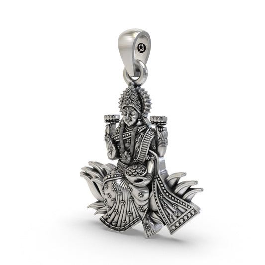 925 Silver Lakshmi Maa Lotus Pendant – Goddess Lakshmi Jewelry | Handmade Spiritual Pendant for Wealth & Prosperity