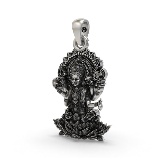 925 Silver Lakshmi Maa Pendant | Multi-Armed Goddess on Lotus – Shukan Jewellers