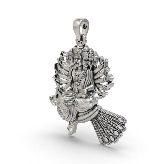 Close-up Six Face Murugan pendant silver detailing