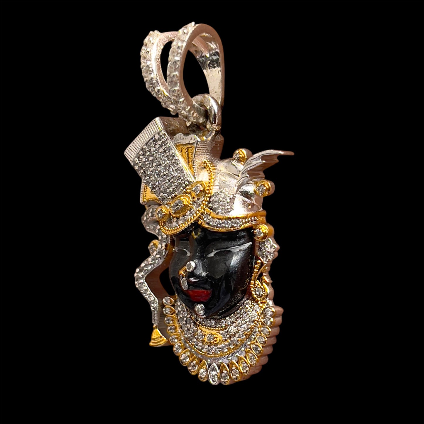 925 Silver Shrinathji Face Pendant – Enamel & Diamond Work