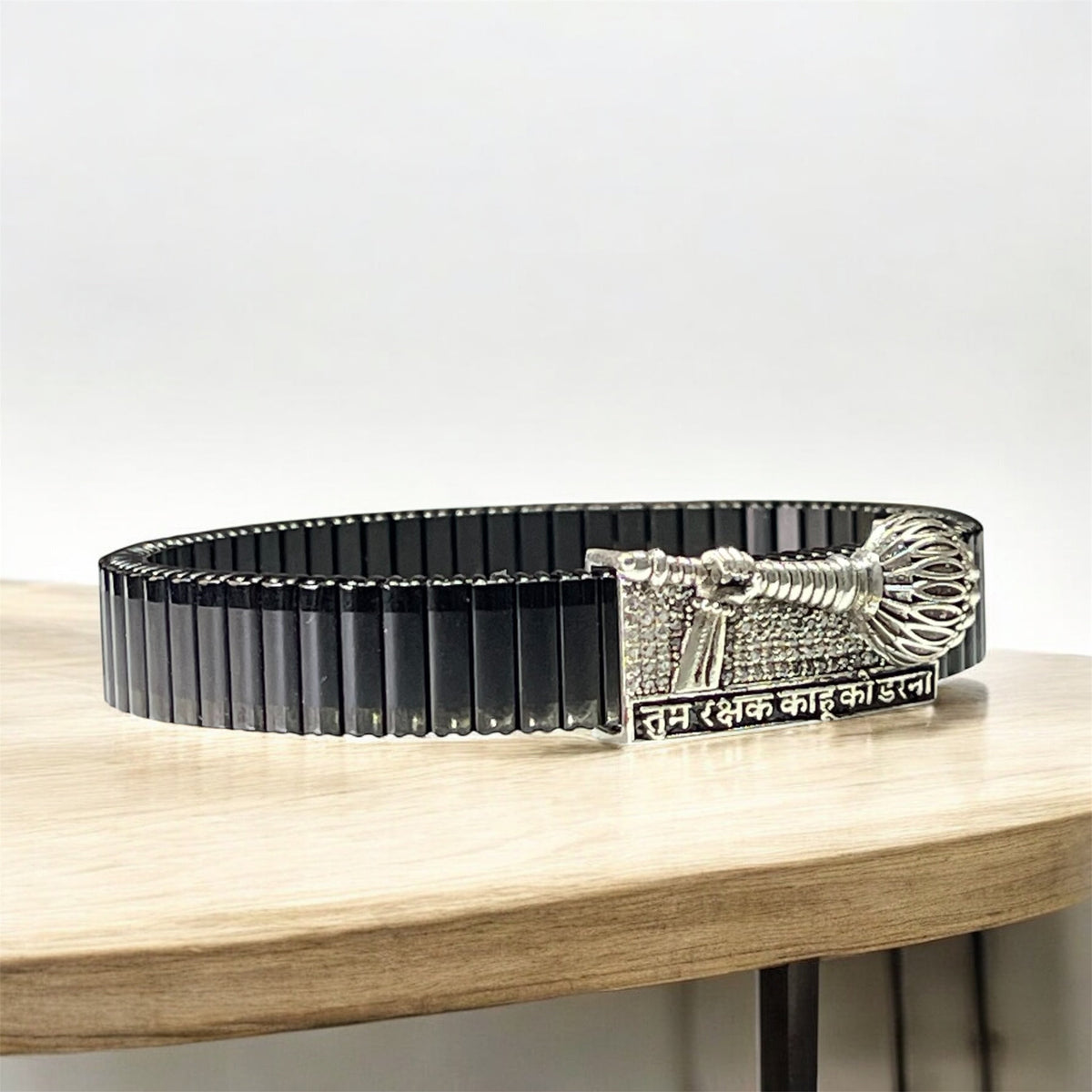 925 Silver Hanuman Gada Bracelet – “Tum Rakshak Kahu Ko Darna” Engraved Kada | Handmade Devotional Jewelry