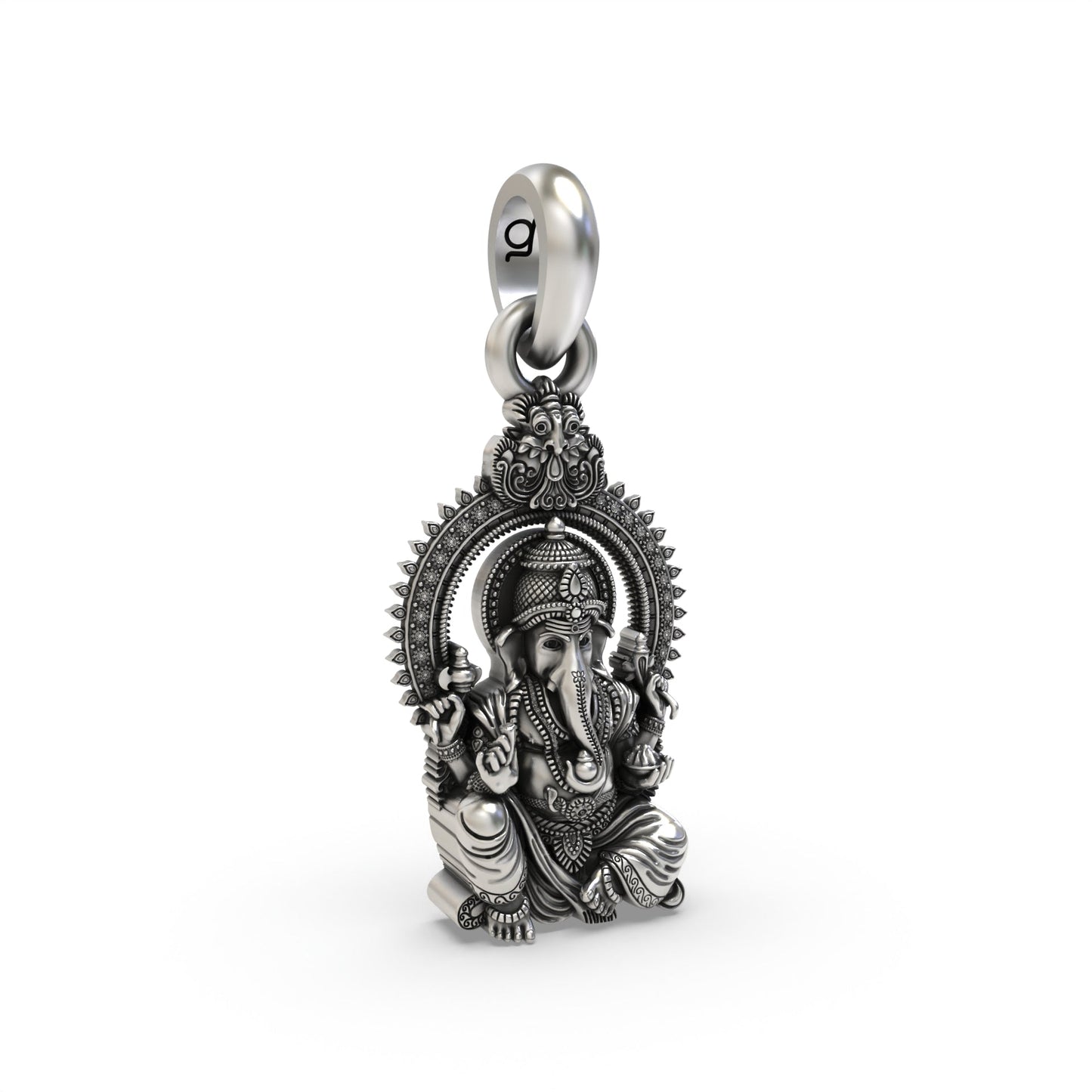 Oxidized Vakratunda Ganesh pendant craftsmanship angle,