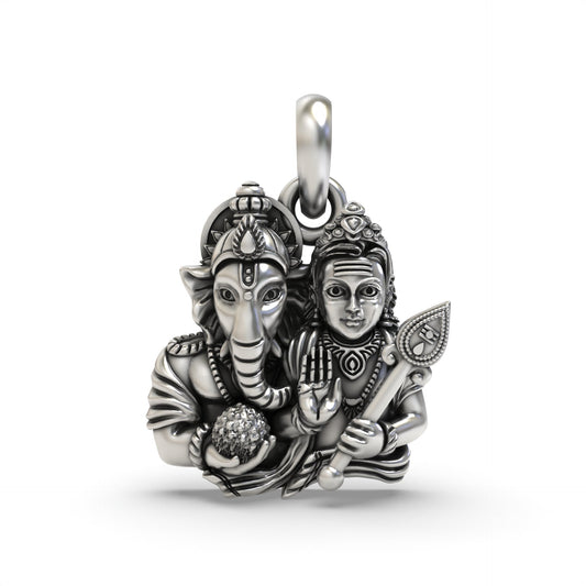 925 Silver Ganesh and Kartikeya Pendant | Divine Religious Pendant