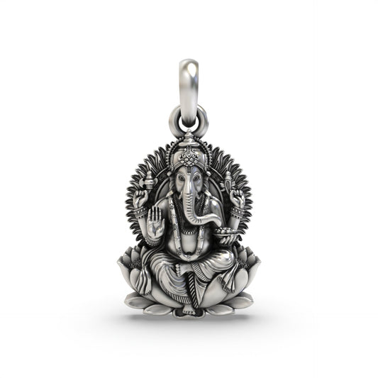 925 Silver Lord Ganesha on Lotus Pendant | Divine Religious Pendant