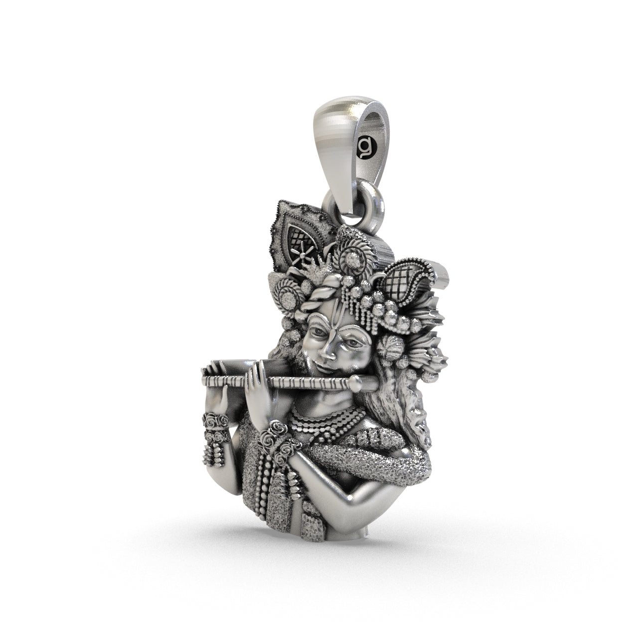 Hare Krishna oxidized silver pendant close-up