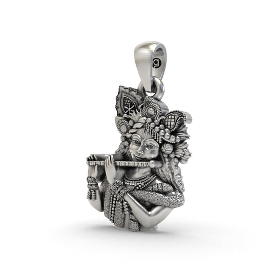 Hare Krishna oxidized silver pendant close-up