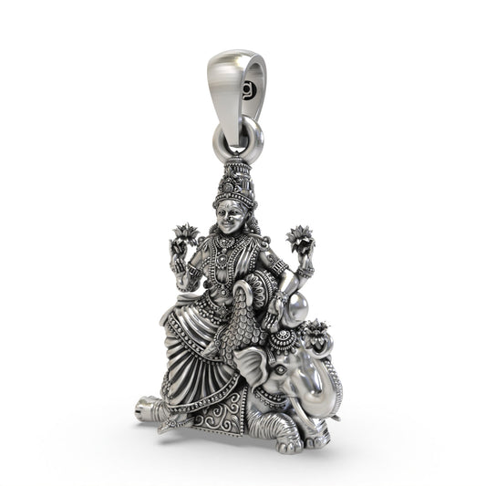 Close detail of 925 silver Lakshmi pendant,