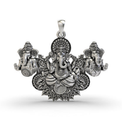 925 Silver Triple Ganesha Pendant – Three Lord Ganesh Design