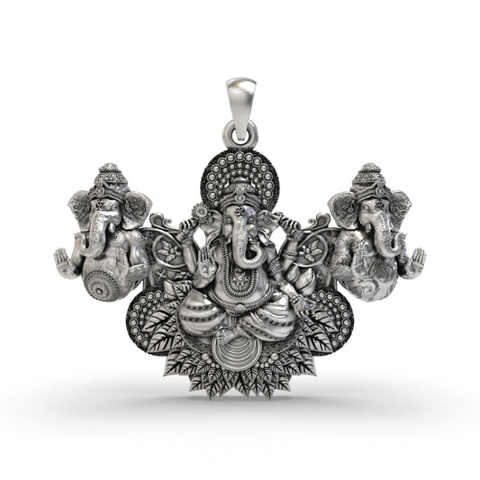 925 Silver Triple Ganesha Pendant – Three Lord Ganesh Design