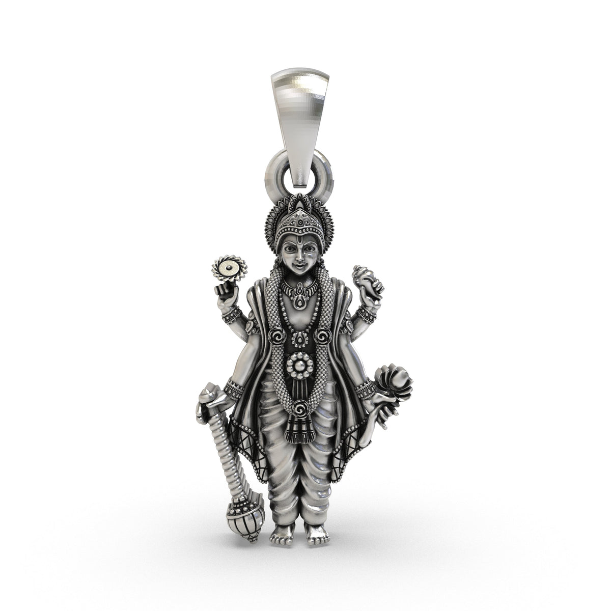 925 Sterling Silver Lord Vishnu Pendant | Four-Armed Narayana with Shankh, Chakra, Gada & Lotus | Devotional Hindu Jewelry