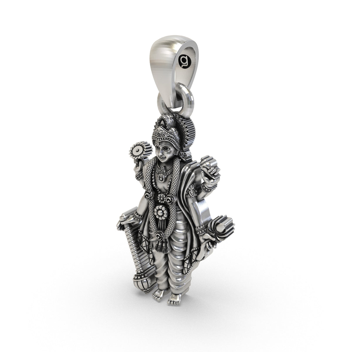 925 Sterling Silver Lord Vishnu Pendant | Four-Armed Narayana with Shankh, Chakra, Gada & Lotus | Devotional Hindu Jewelry