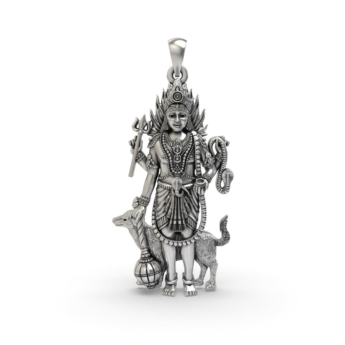 925 Sterling Silver Lord Bhairava Pendant | Kala Bhairav Idol with Trishul, Dog & Damaru