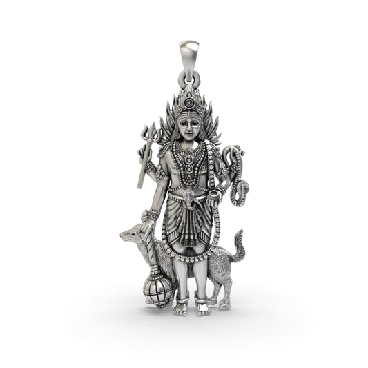 925 Sterling Silver Lord Bhairava Pendant | Kala Bhairav Idol with Trishul, Dog & Damaru