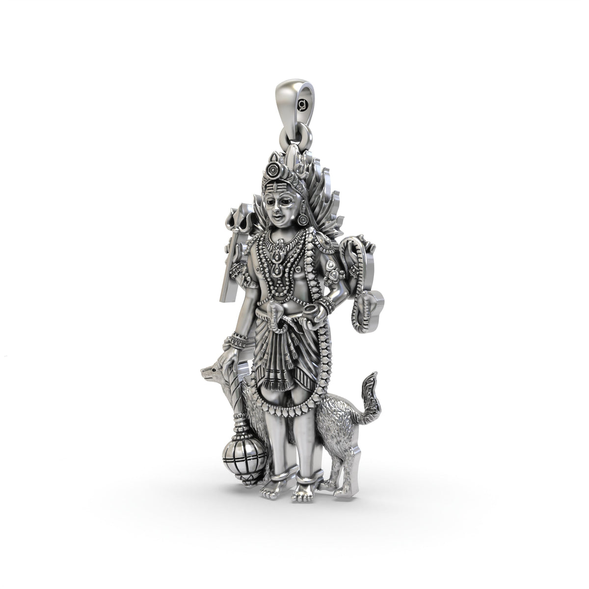 925 Sterling Silver Lord Bhairava Pendant | Kala Bhairav Idol with Trishul, Dog & Damaru