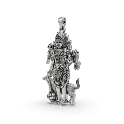925 Sterling Silver Lord Bhairava Pendant | Kala Bhairav Idol with Trishul, Dog & Damaru
