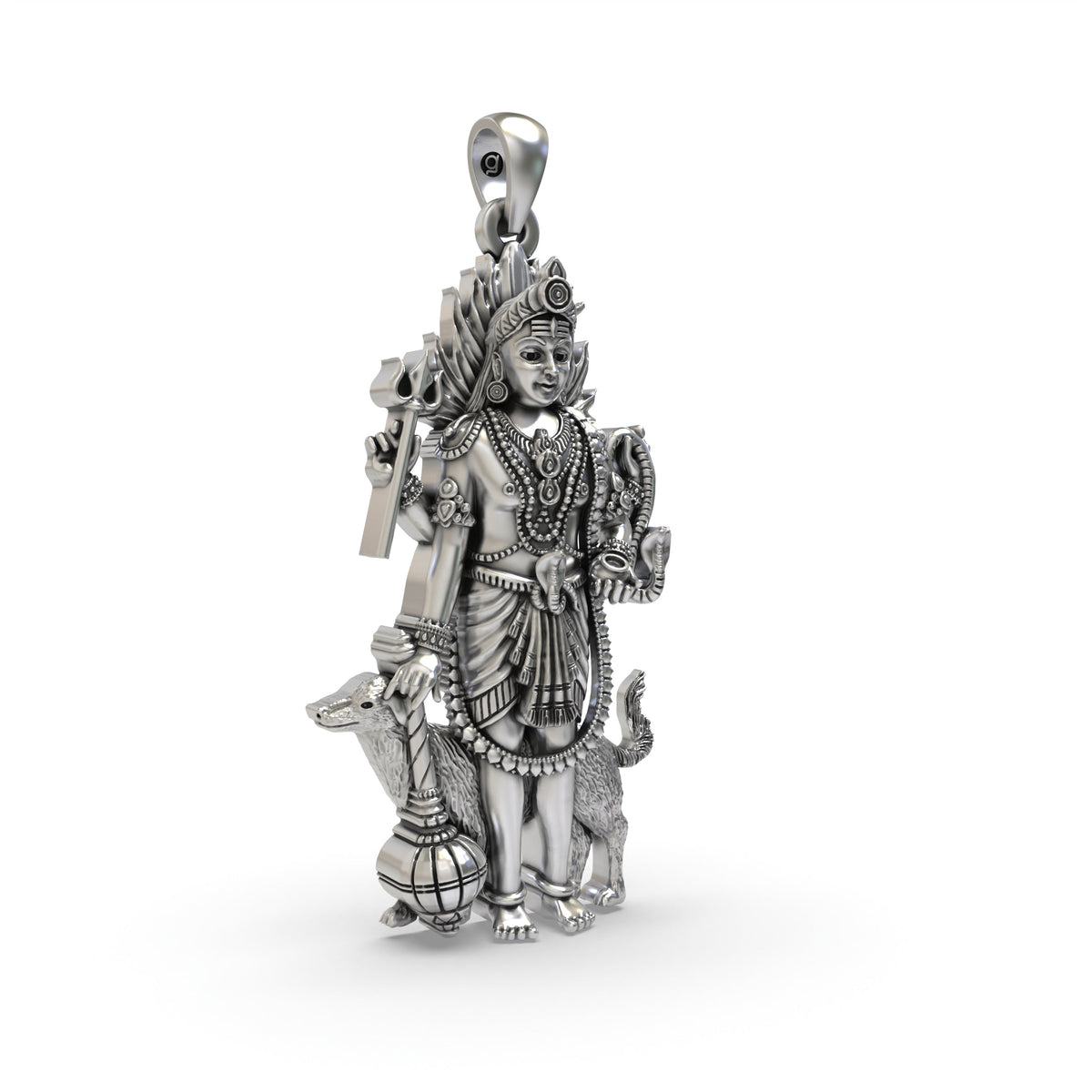 925 Sterling Silver Lord Bhairava Pendant | Kala Bhairav Idol with Trishul, Dog & Damaru