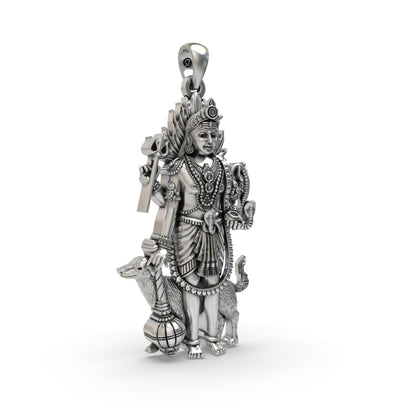 925 Sterling Silver Lord Bhairava Pendant | Kala Bhairav Idol with Trishul, Dog & Damaru