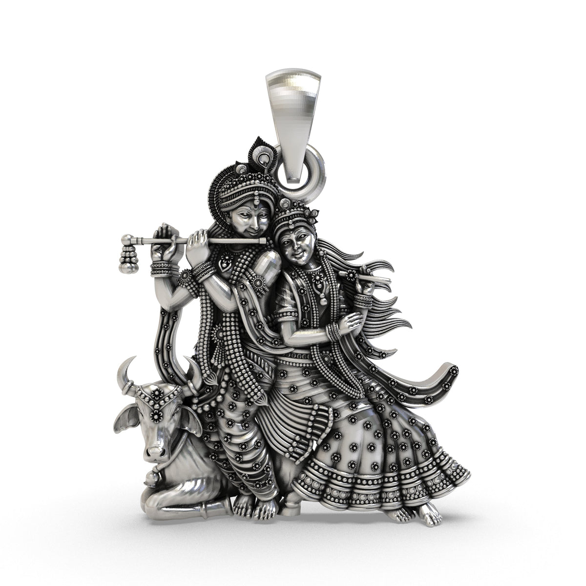 925 Silver Radha Krishna with Cow Pendant – Handmade Hindu Devotional Jewelry | Symbol of Divine Love & Devotion