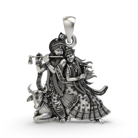 925 Silver Radha Krishna with Cow Pendant – Handmade Hindu Devotional Jewelry | Symbol of Divine Love & Devotion