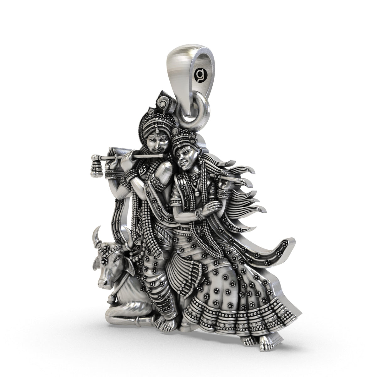 925 Silver Radha Krishna with Cow Pendant – Handmade Hindu Devotional Jewelry | Symbol of Divine Love & Devotion