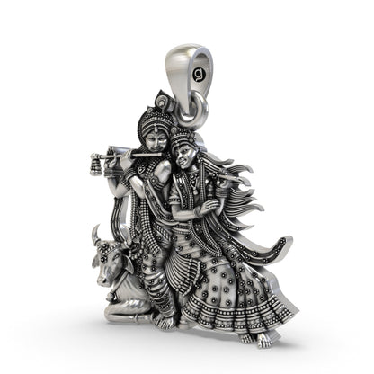 925 Silver Radha Krishna with Cow Pendant – Handmade Hindu Devotional Jewelry | Symbol of Divine Love & Devotion