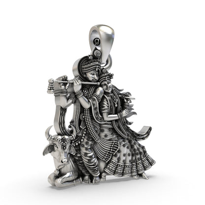925 Silver Radha Krishna with Cow Pendant – Handmade Hindu Devotional Jewelry | Symbol of Divine Love & Devotion