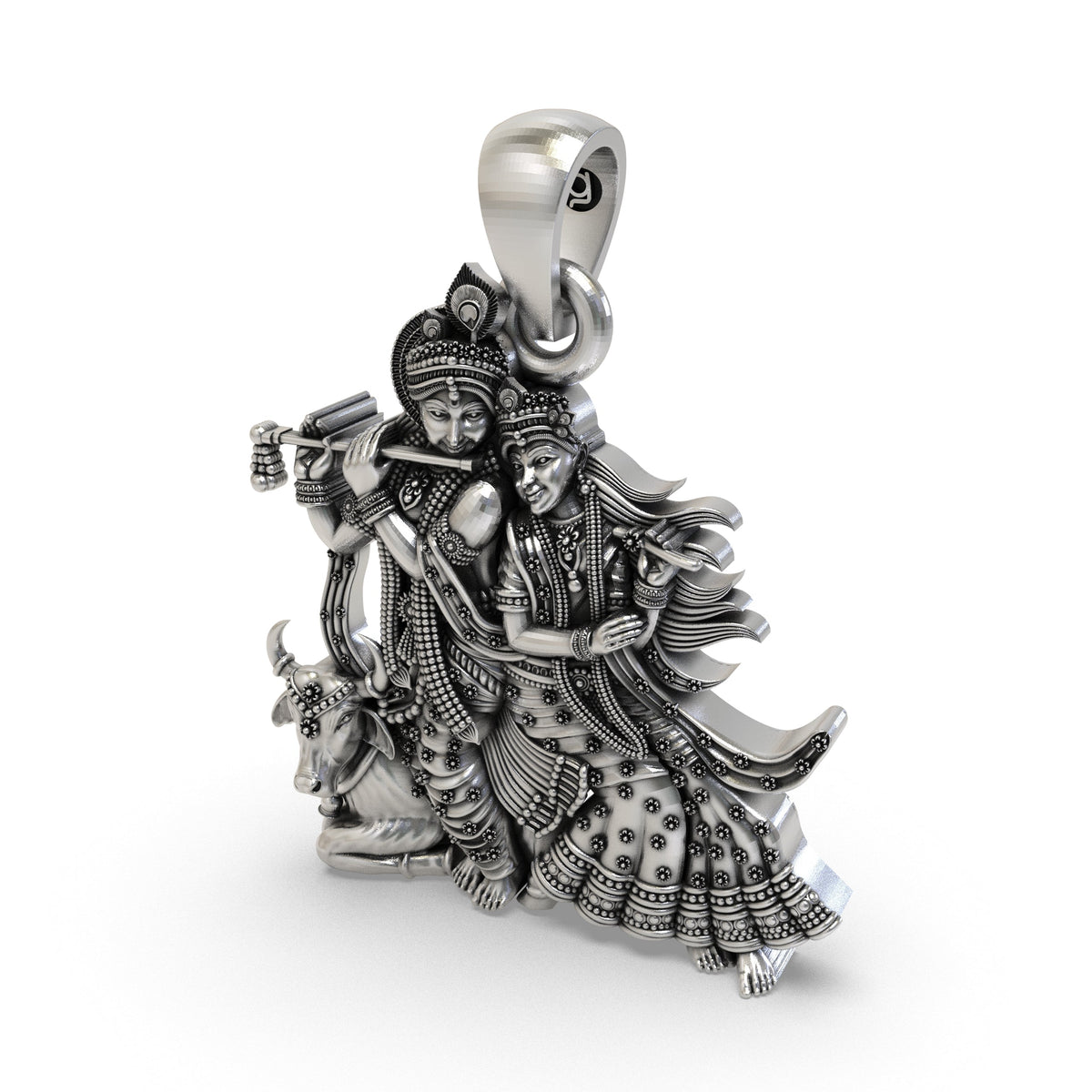 925 Silver Radha Krishna with Cow Pendant – Handmade Hindu Devotional Jewelry | Symbol of Divine Love & Devotion