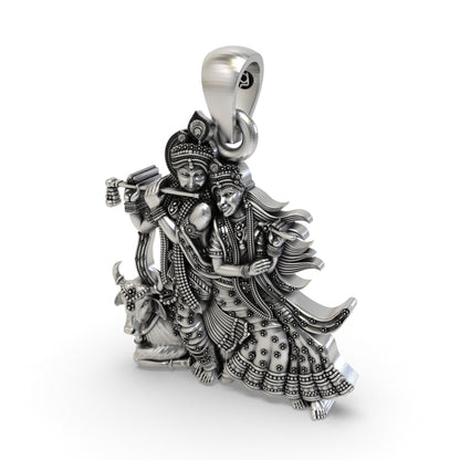 925 Silver Radha Krishna with Cow Pendant – Handmade Hindu Devotional Jewelry | Symbol of Divine Love & Devotion