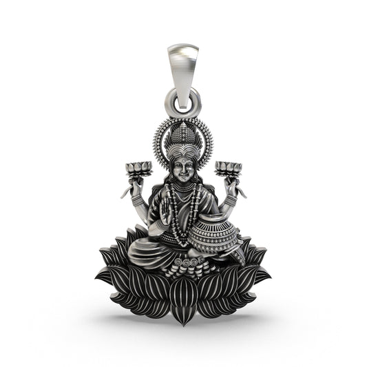 925 Silver Lakshmi Maa Lotus Pendant | Wealth & Fortune Jewelry