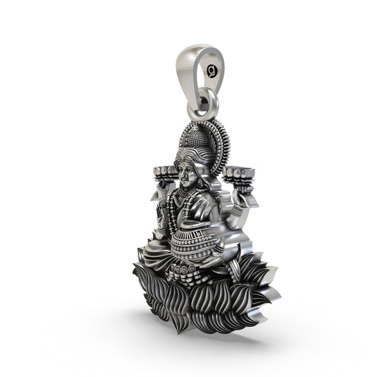 925 Silver Lakshmi Maa Lotus Pendant | Wealth & Fortune Jewelry