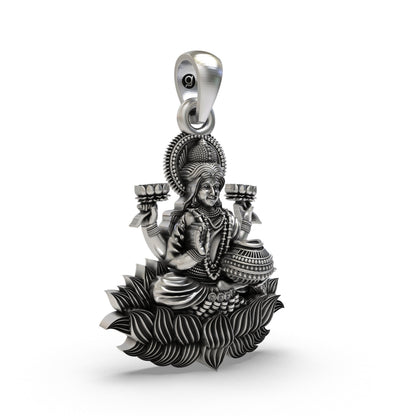 925 Silver Lakshmi Maa Lotus Pendant | Wealth & Fortune Jewelry