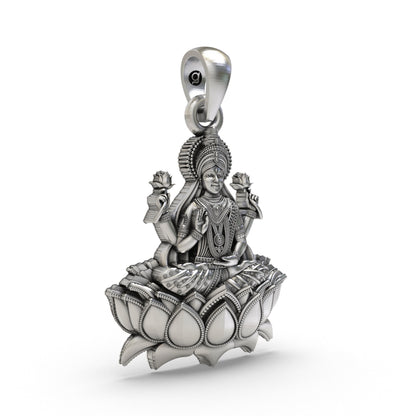 925 Silver Lakshmi Maa Lotus Pendant – Goddess Lakshmi Jewelry | Handmade Spiritual Pendant for Wealth & Prosperity