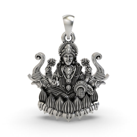 925 Silver Lakshmi Maa with Elephants Pendant – Goddess Lakshmi Jewelry | Handmade Spiritual Pendant for Wealth & Prosperity