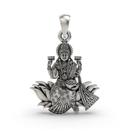 925 Silver Lakshmi Maa Lotus Pendant – Goddess Lakshmi Jewelry | Handmade Spiritual Pendant for Wealth & Prosperity