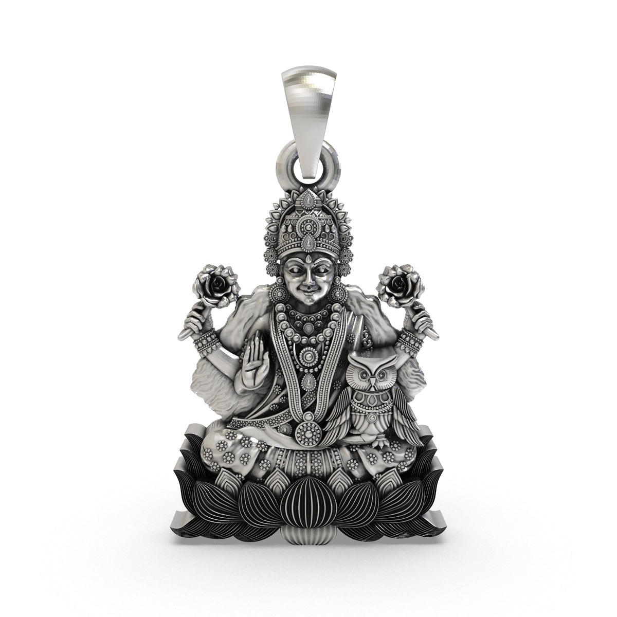 925 Silver Lakshmi Maa with Owl Pendant – Goddess Lakshmi Jewelry | Handmade Spiritual Pendant for Wealth & Prosperity