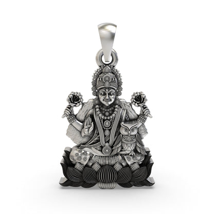 925 Silver Lakshmi Maa with Owl Pendant – Goddess Lakshmi Jewelry | Handmade Spiritual Pendant for Wealth & Prosperity