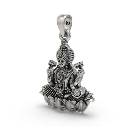 925 Silver Lakshmi Maa Lotus Pendant – Goddess Lakshmi Jewelry | Handmade Spiritual Pendant for Wealth, Fortune & Prosperity