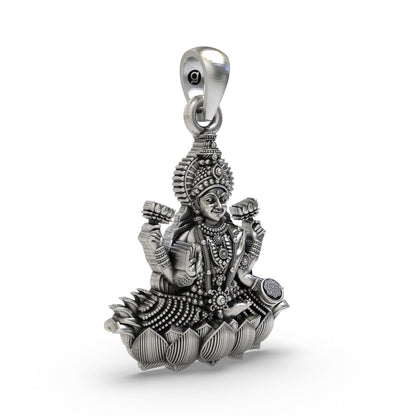 925 Silver Lakshmi Maa Lotus Pendant – Goddess Lakshmi Jewelry | Handmade Spiritual Pendant for Wealth, Fortune & Prosperity