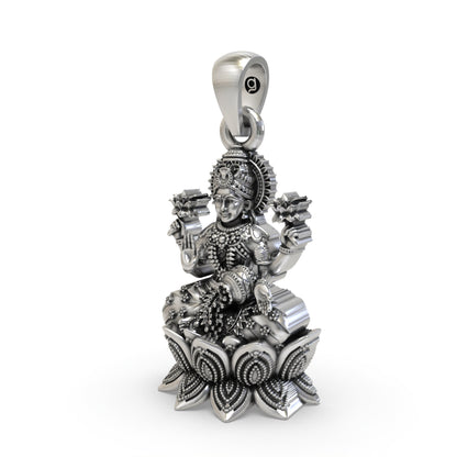 925 Silver Lakshmi Pendant | Mahalakshmi Lotus, Kalash & Flowers – Shukan Jewellers