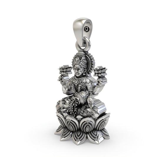 925 Silver Lakshmi Pendant | Mahalakshmi Lotus, Kalash & Flowers – Shukan Jewellers
