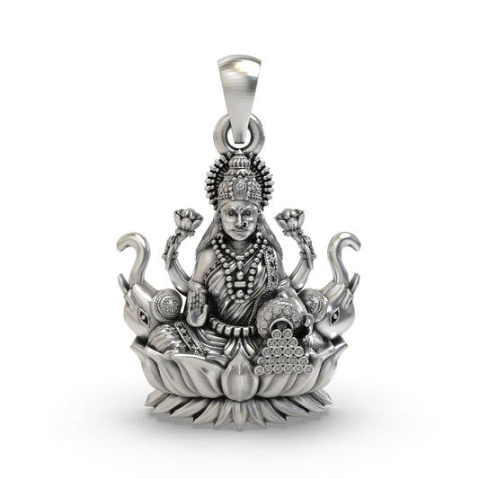 925 Silver Lakshmi Pendant | Mahalakshmi Lotus, Elephants & Coins – Shukan Jewellers