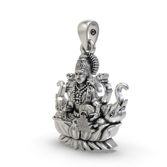 925 Silver Lakshmi Pendant | Mahalakshmi Lotus, Elephants & Coins – Shukan Jewellers