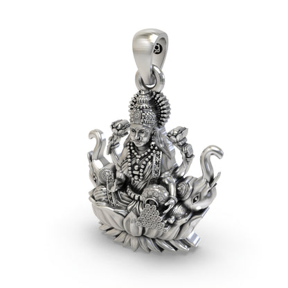 925 Silver Lakshmi Pendant | Mahalakshmi Lotus, Elephants & Coins – Shukan Jewellers