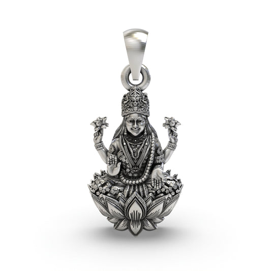 925 Silver Lakshmi Pendant | Mahalakshmi Lotus, Mudra & Flowers – Shukan Jewellers
