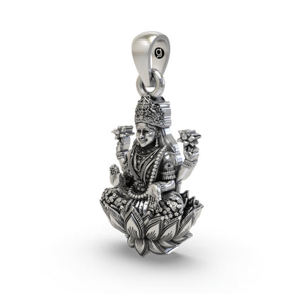 925 Silver Lakshmi Pendant | Mahalakshmi Lotus, Mudra & Flowers – Shukan Jewellers