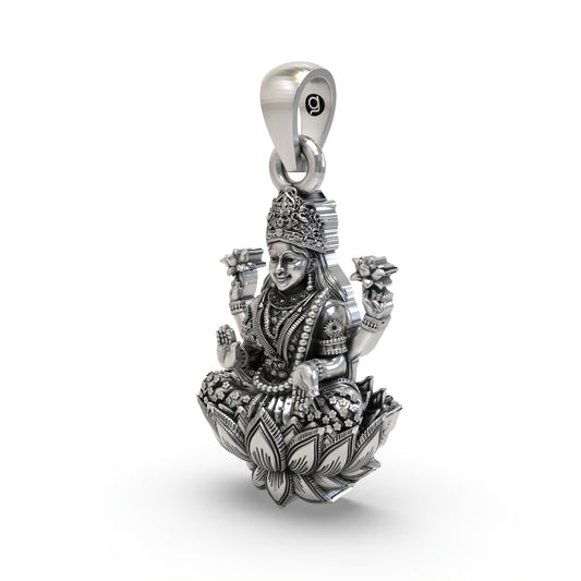 925 Silver Lakshmi Pendant | Mahalakshmi Lotus, Mudra & Flowers – Shukan Jewellers