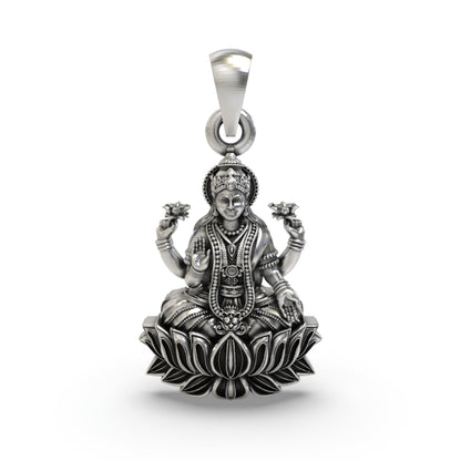 925 Silver Lakshmi Pendant | Mahalakshmi Lotus, Mudra & Flowers – Shukan Jewellers
