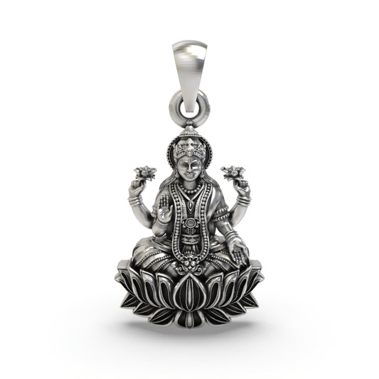 925 Silver Lakshmi Pendant | Mahalakshmi Lotus, Mudra & Flowers – Shukan Jewellers
